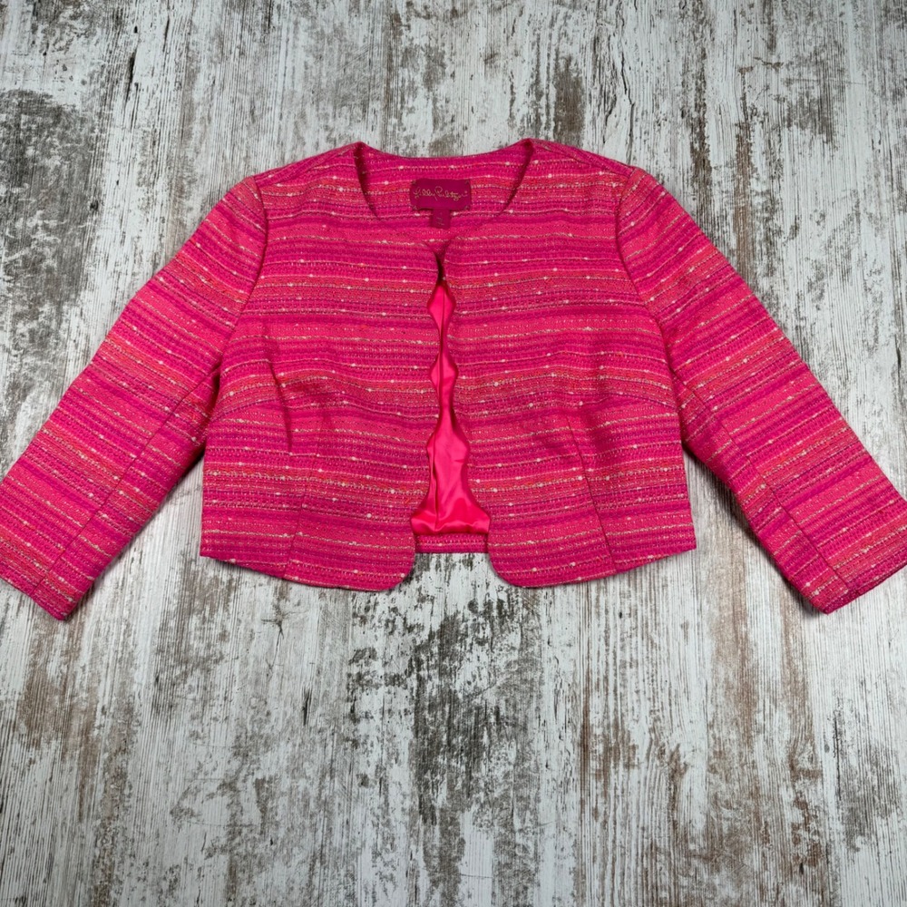 Lilly Pulitzer Pink Tweed Scalloped Cropped Jacket Gold Lurex Size 4 Tropical